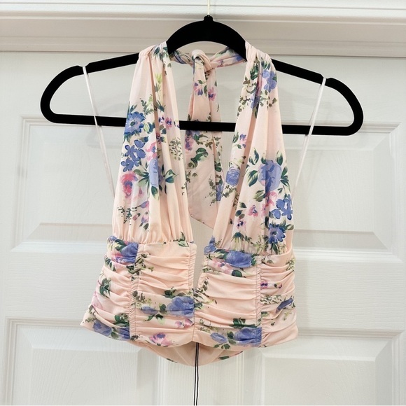 NWT Zara Pale Pink Blue Floral Deep V Cropped Halter Neck Ruched Top sz Small - Picture 8 of 11